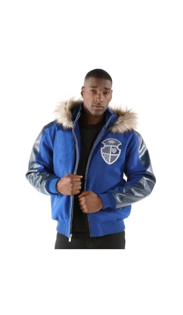 Bold Pelle Pelle Fur Hooded Blue Leather Jacket