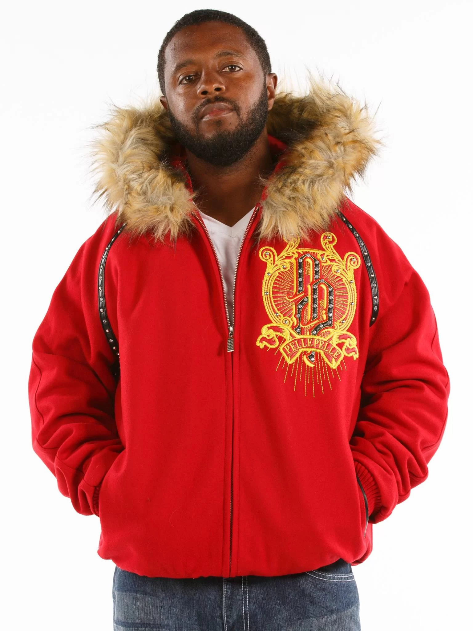 Pelle Pelle Red Top Brass Fur Hood Jacket | Wool Jacket