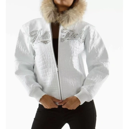 Pelle Pelle Women White Croc Leather Jacket | Fur Hood