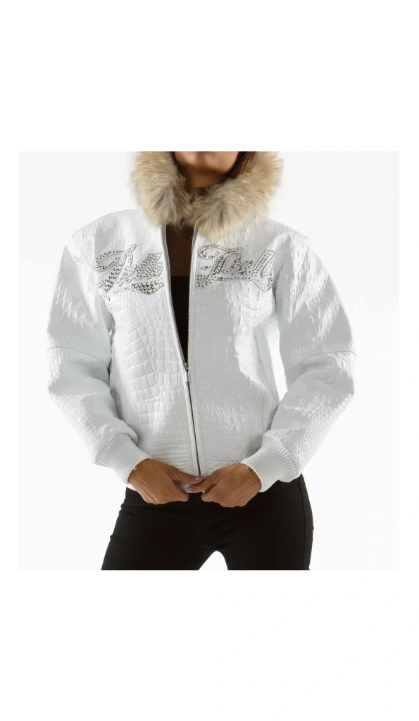 Pelle Pelle Women White Croc Leather Jacket | Fur Hood