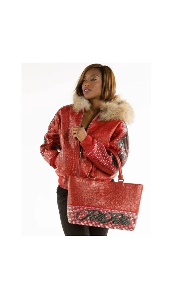 Pelle Pelle Red Croc Leather Women Jacket | Fur Hood Jacket