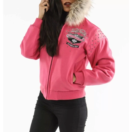 Bold Pink Pelle Pelle True Fur Hood Wool Jacket view 2