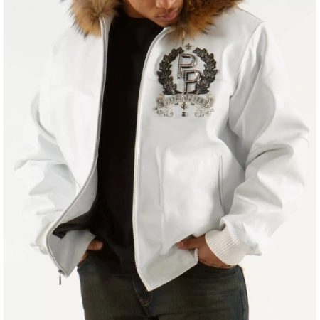 Pelle Pelle Royalty White Leather Jacket | Fur Hood Jacket view 2