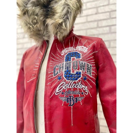 AUTHENTIC PELLE PELLE CHITOWN FUR HOODED RED LEATHER JACKET view 4
