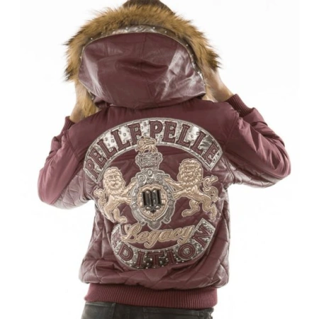 Pelle Pelle Women Puffer Fur Hood Jacket | Burgundy Jacket view 2