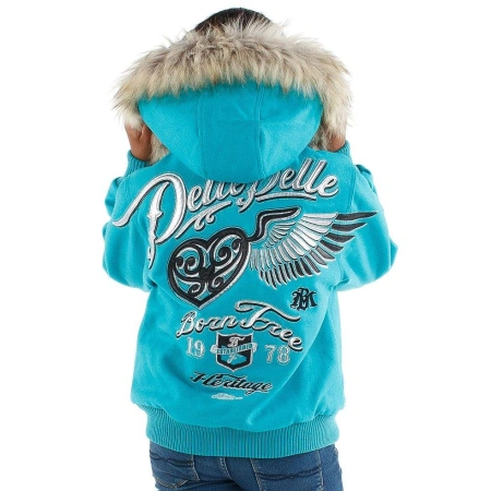 Pelle Pelle Kids Light Blue Fur Hood Jacket | Born Free view 2