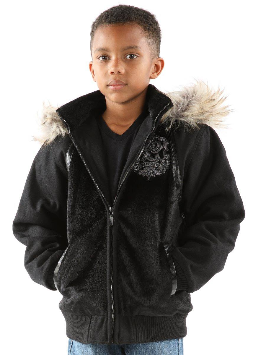 Pelle Pelle Kids Black Patched Wool Jacket | Fur Hood Jacket