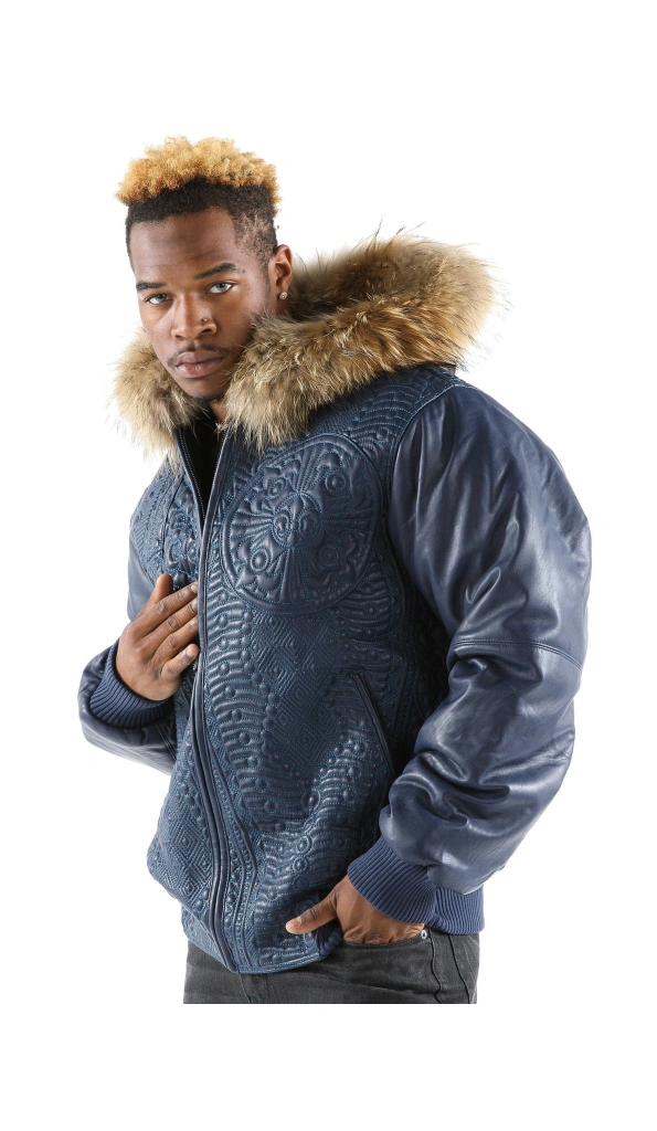 Pelle Pelle Men Dark Blue Encrusted Jacket | Fur Hood Jacket