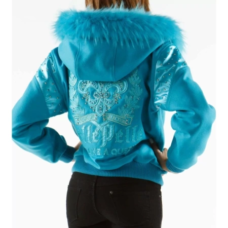 Pelle Pelle Blue Live Like A Queen Wool Jacket | Fur Hood view 2