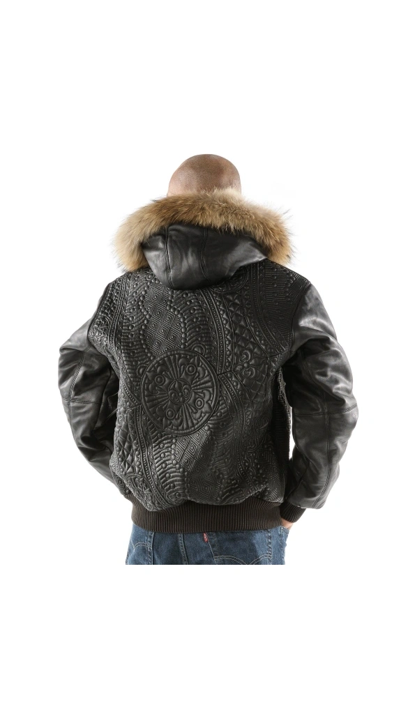 Pelle Pelle Men Black Encrusted Leather Jacket | Fur Hooded