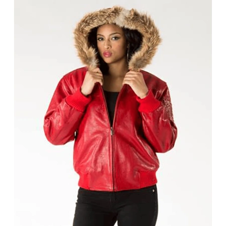 Pelle Pelle Red Women Fur Hood Leather Jacket view 4